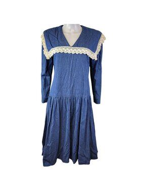 Gunne Sax Vintage 70s Denim Midi Dress Women Small Bib Lace Collar Formal Blue